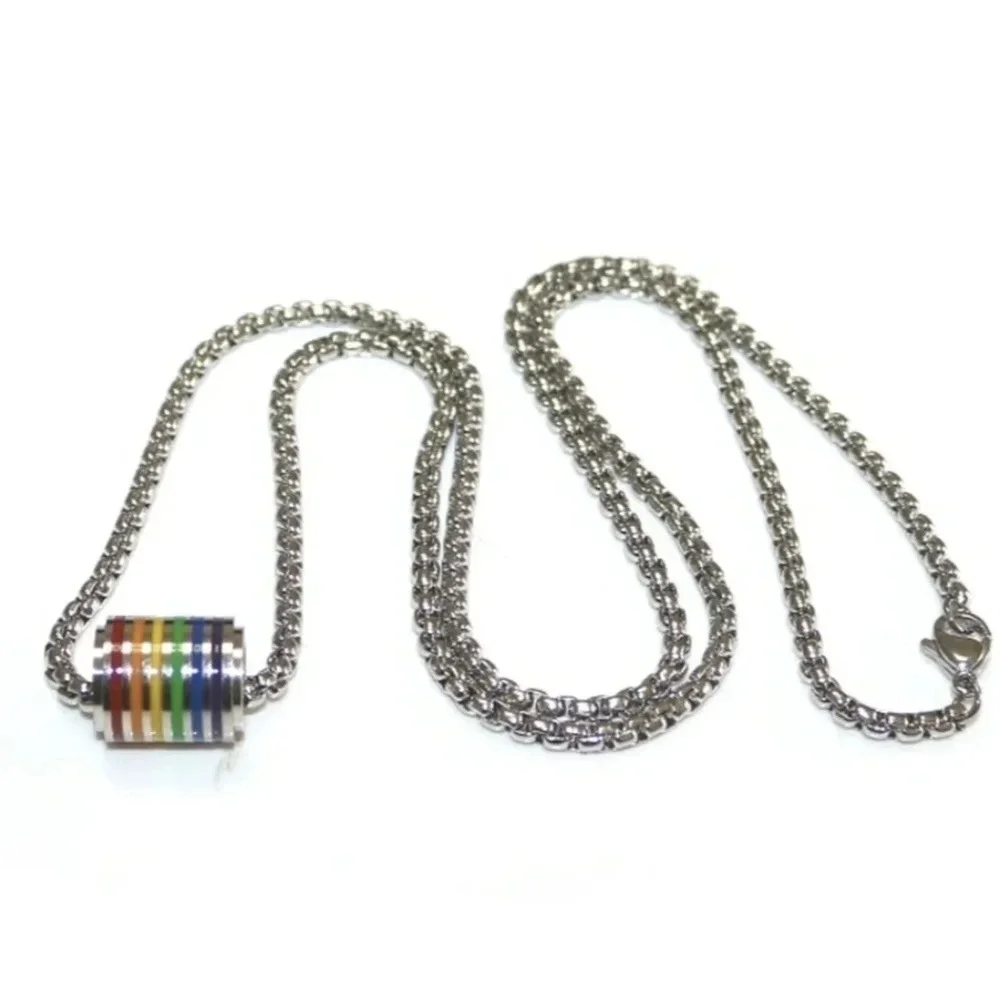 Colorful enameled rainbow on metal pendant rolo chain necklace, LGBTQ+, Pride